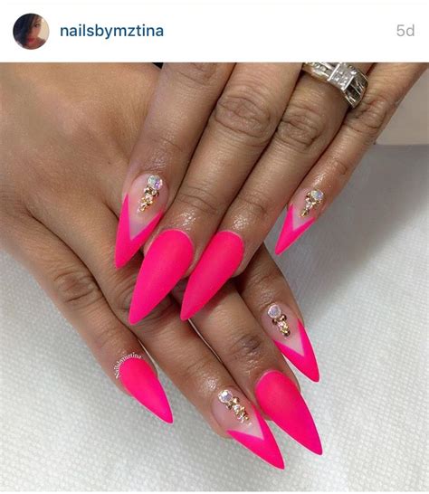 Hot Pink Stiletto Nails With Crystals Pink Stiletto