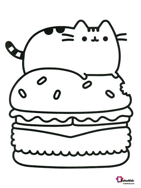 cute pusheen cat eating burger coloring page bubakidscom
