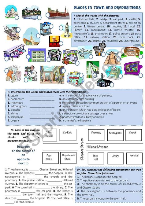 places  town  prepositions prepositions vocabulary worksheets