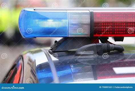 big red  blue flashing lights   police car    stock image image  crime