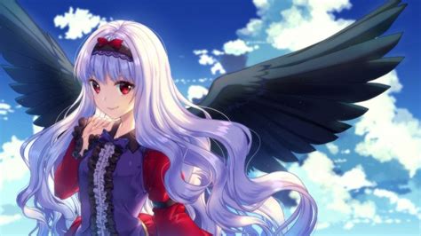 Wallpaper Anime Angel Girl Black Wings Smiling Red Eyes