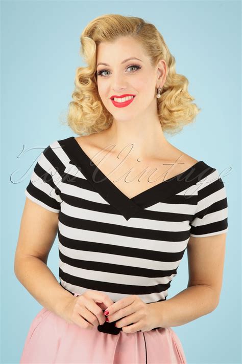 50s Caitlin Stripes Top In Black And White