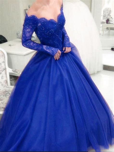 Long Sleeves Lace Royal Blue Burgundy Long Ball Gown