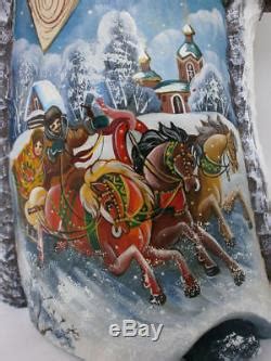 santa claus christmas tree troika wooden carved hand painted russian