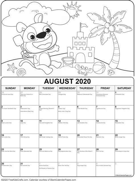 printable august coloring calendar