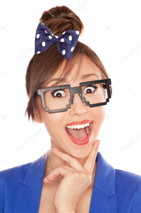 photo of a funny surprised nerdy girl wearing 8 bit