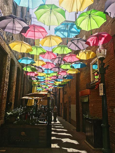 photo  colorful umbrellas hanging  stock photo