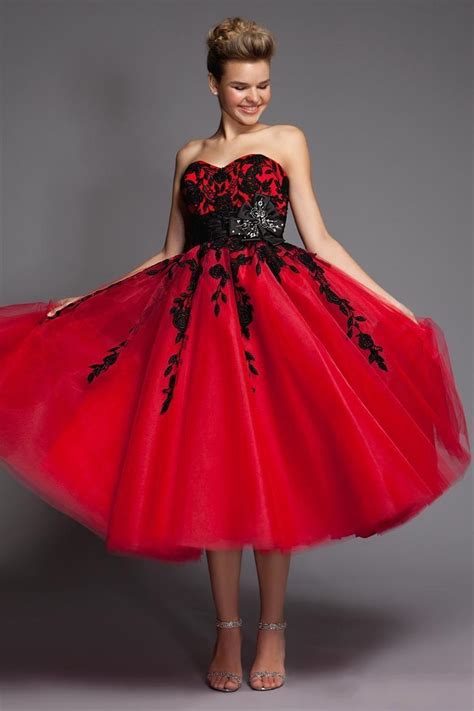 Tea Length Short Red And Black Prom Dresses 2016 Galajurken Sexy Lace