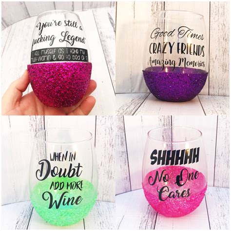 Personalised Glitter Stemless Wine Glass Funny Quote And Name Original