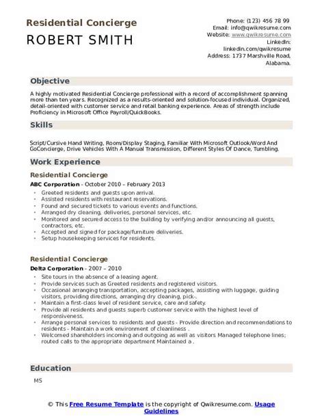residential concierge resume sample