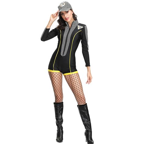 Sexy Racer Girl Check Print Long Sleeve Stretchy Bodysuit Cosplay