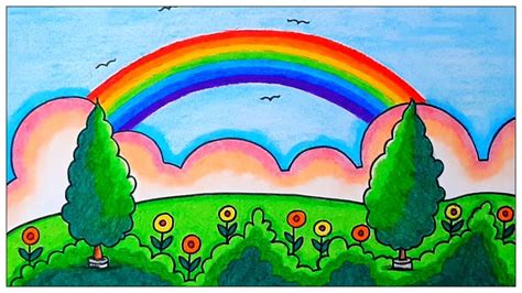 draw easy rainbow scenery drawing easy scenery  rainbow scenery