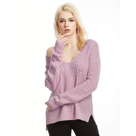 Woman Pink Ribbed Knit V Neck Drop Shoulder Plain Sweater Long Sleeve