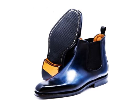 handmade mens bespoke blue chelsea ankle leather boots dressformal