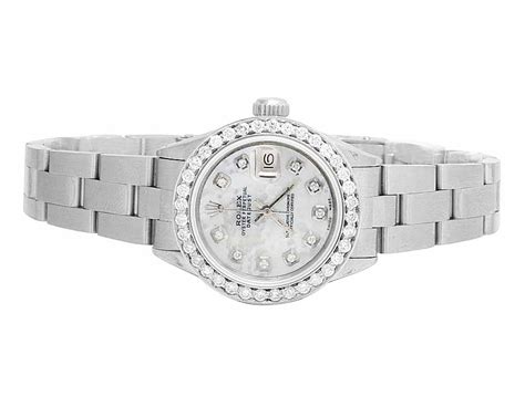 ladies stainless steel 26mm rolex datejust white mop dial diamond watch