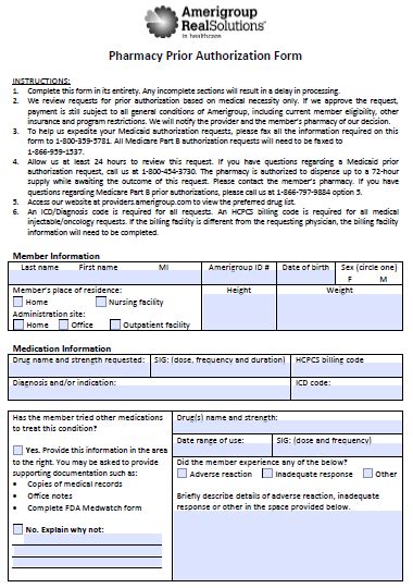Free Amerigroup Prior Prescription Rx Authorization Form Pdf