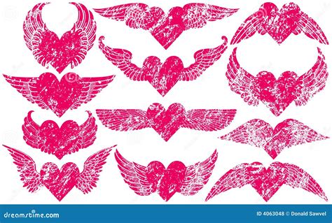 grunge hearts  wings stock vector illustration  flying