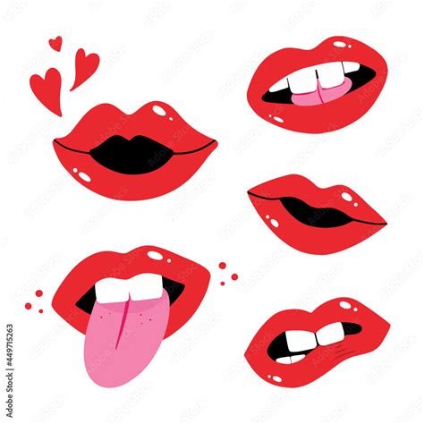 Set Collection Of Vector Red Lips Female Mouth Icons Open Mouths