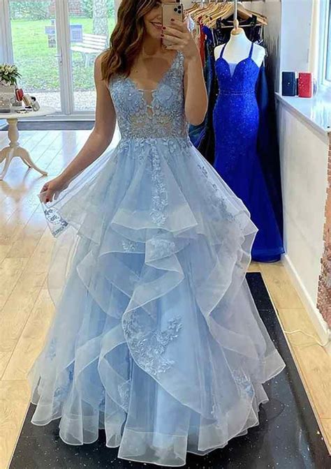 a line v neck sleeveless lace tulle long floor length prom dress with