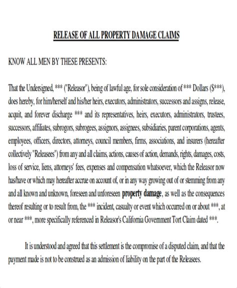 sample property damage release forms  ms word