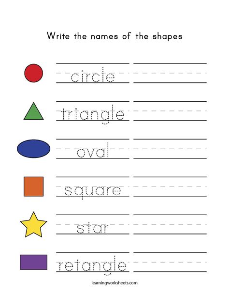 write  names   shapes learning worksheets mixed shapes