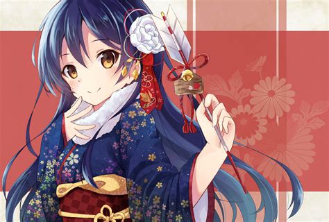 bell blue hair brown eyes japanese clothes kimono long hair love live school idol project