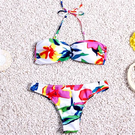 Sexy Cross Bandage Bikini Bra Topless Swimwear Women Floral Print Thong