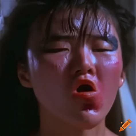 asian woman fighter with bruised and beaten expression in an 80s movie