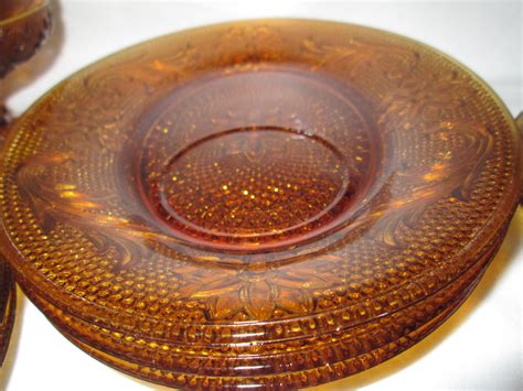 vintage amber glass sandwich glass tiara plates dessert plates  sorbet cup set   pieces