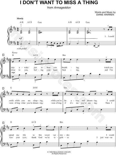 aerosmith i don t want to miss a thing sheet music easy piano in d