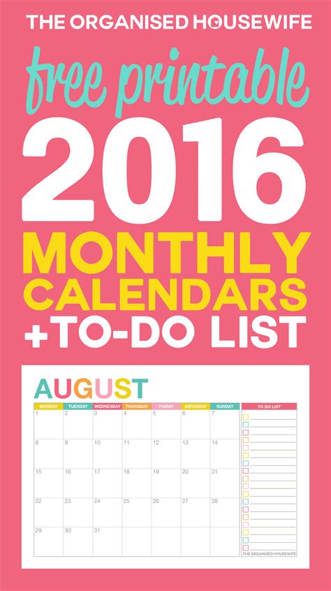 the organised housewife free printable 2016 calendar and to do list