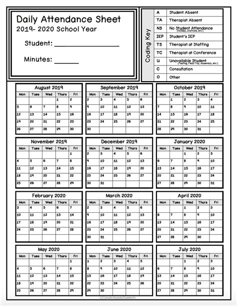 attendance calendar printable  printable calendar