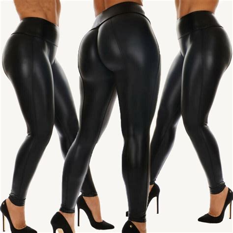 women black wet look faux leather moto pu high waist legging clubwear