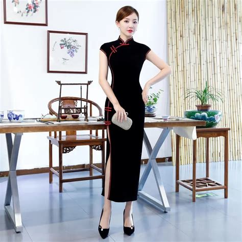 black velvet cheongsam elegant traditional chinese evening dress long