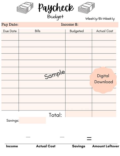 weeklybi weekly paycheck budget template printable digital etsy