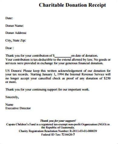 charitable donation receipts  ms word