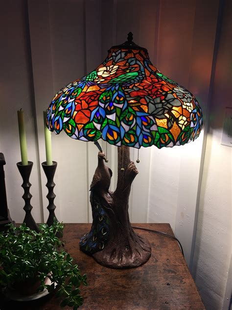 vintage stained glass peacock lamp etsy