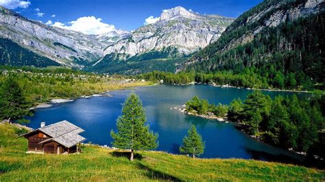 rocky mountains forest  pine trees lake  turquoise blue water wooden house  green