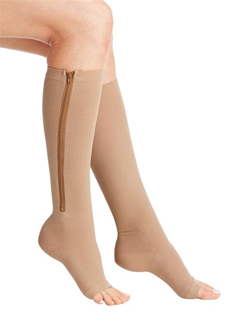 open toe compression socks  women  men  pair zippered knee length coverage relieve