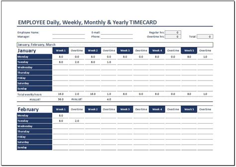 daily weekly monthly time cards  employees word excel templates
