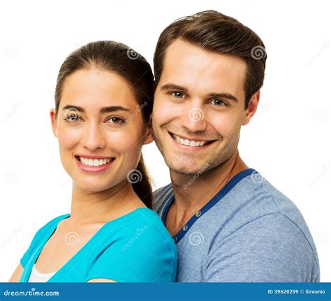 Man And Woman Smiling Against White Background Stock Image Image Of