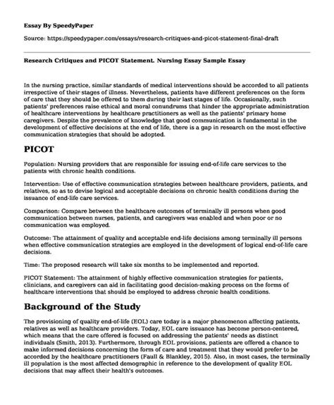 research critiques  picot statement nursing essay sample