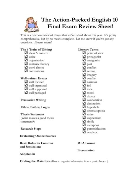 action packed english  final exam review sheet