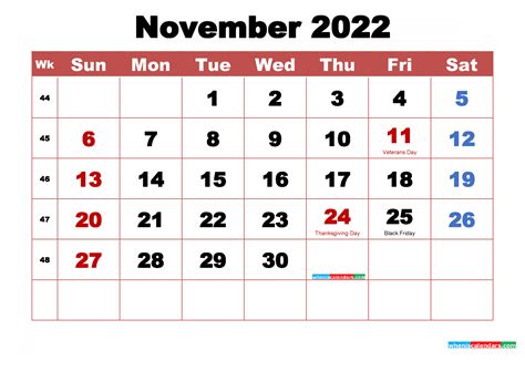 november  calendar  holidays printable