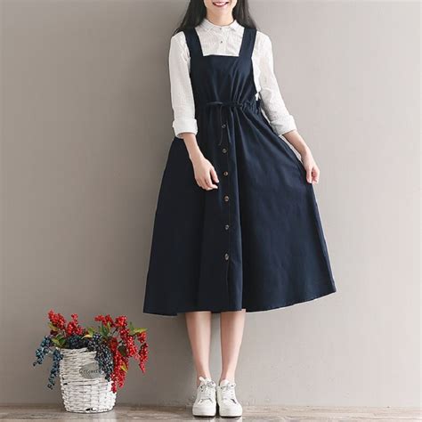 2018 Spring Summer Women Sleeveless Vintage Dress Navy Blue Cotton