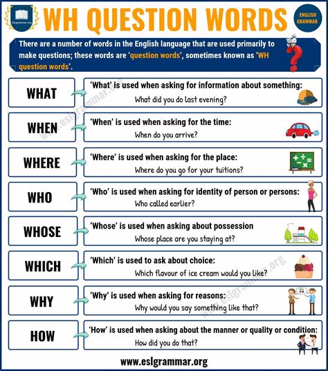 wh questions words  basic question words  definition