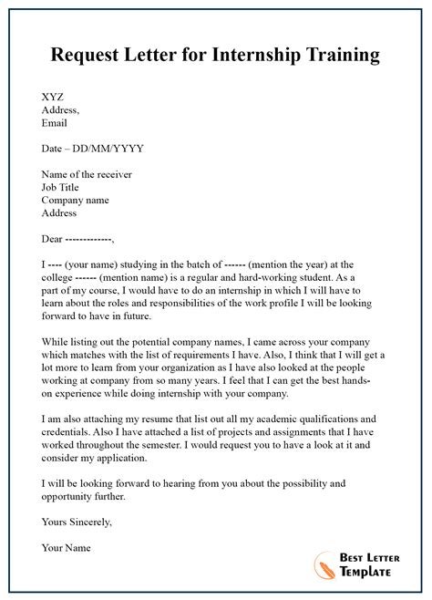 request letter  internship training  letter template