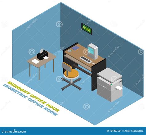 isometric office  midnight  computer desk printer photocopy