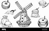 Flour Windmill Hand Mill Wheat Drawing Vector Set Alamy Stock Grain Ingredients sketch template