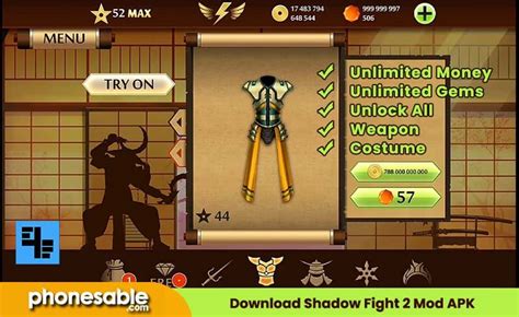 shadow fight  mod apk  unlimited money gems skill level max phonesable